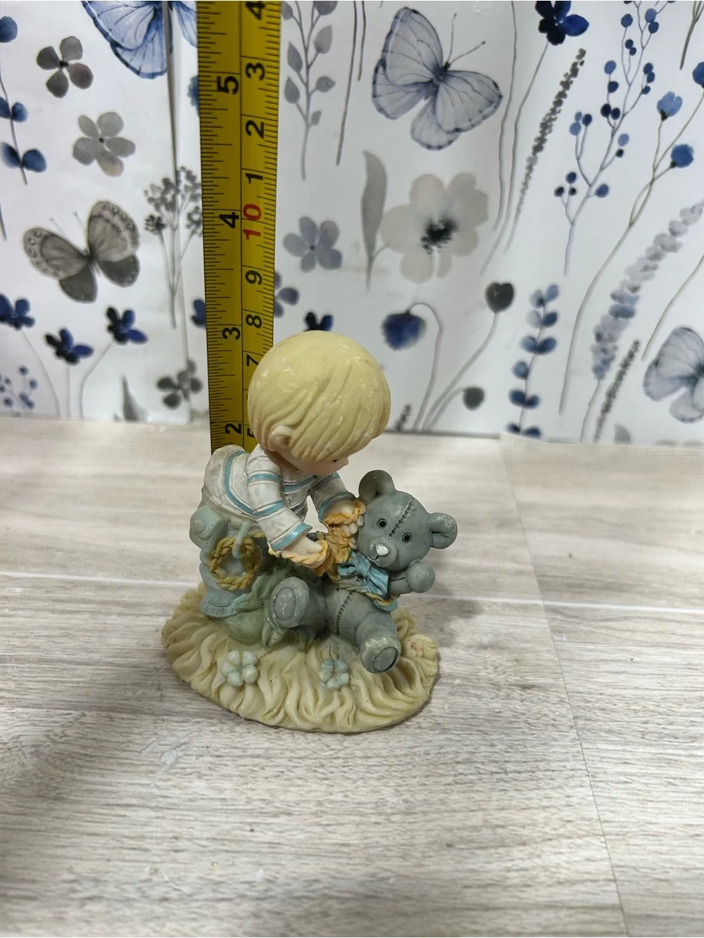 Boy With Teddy Bear Figurine 3” Pastel Nursery Childhood Decor